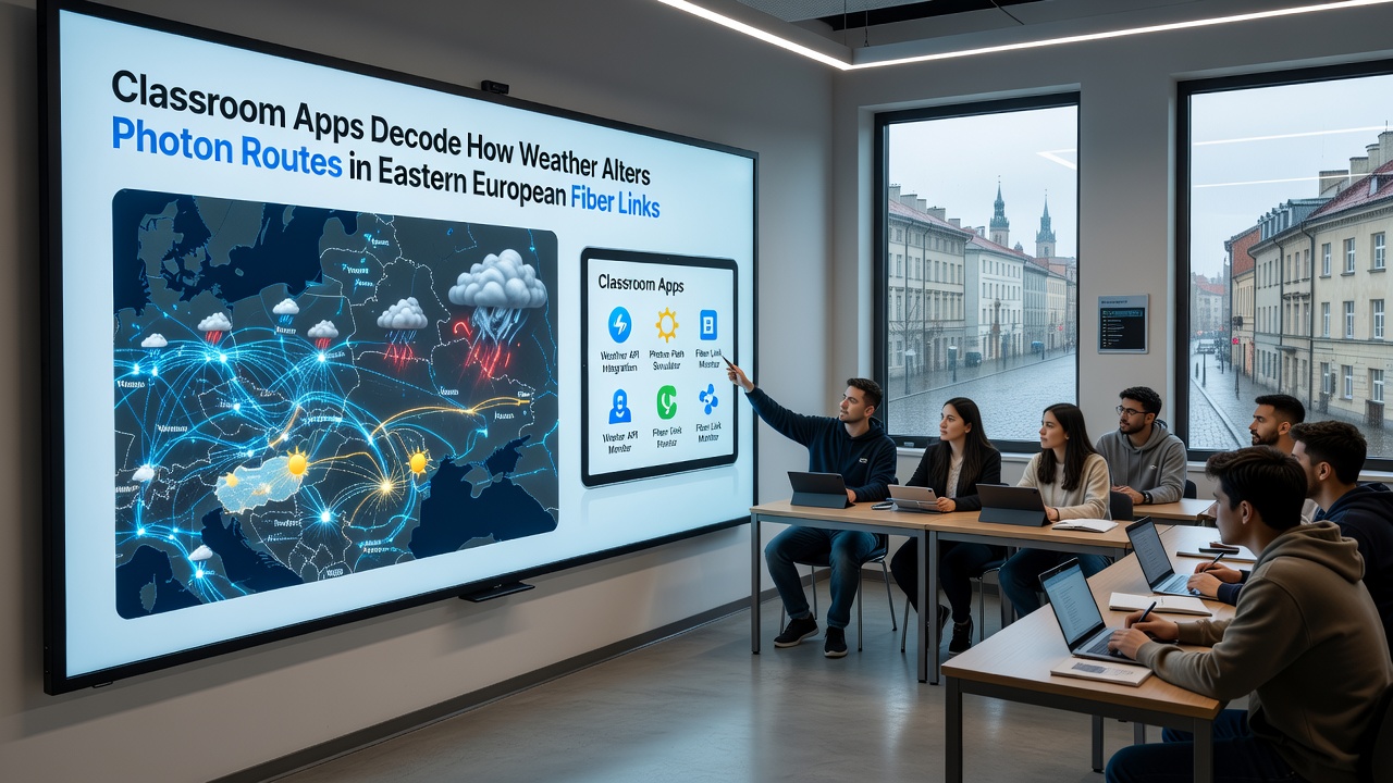 Interactive interface of a classroom app displaying photon route alterations due to weather in Eastern European fiber links